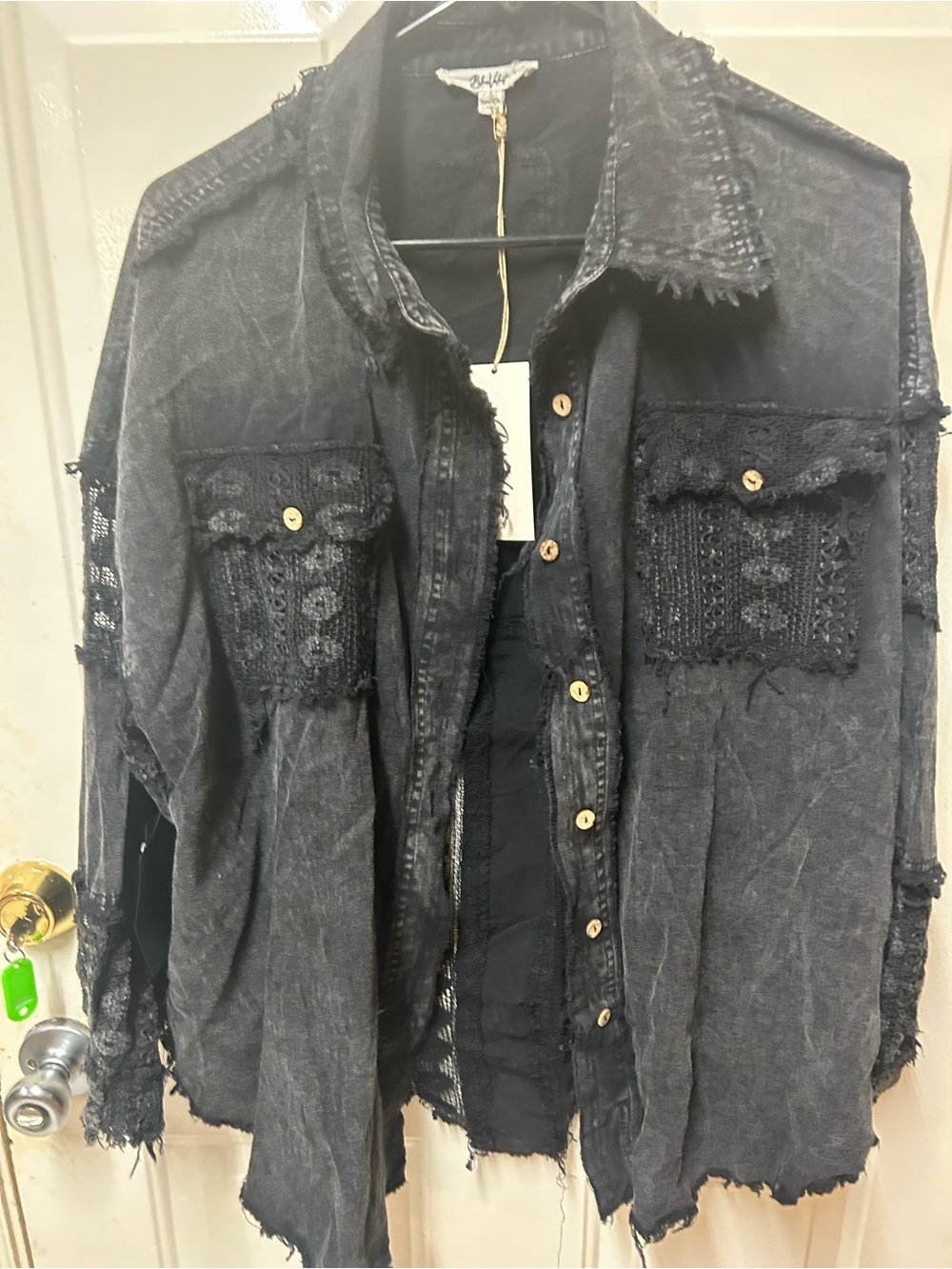 Distressed Black Button-Up Shirt Jacket with Crochet Pockets Blue Velvet NWT